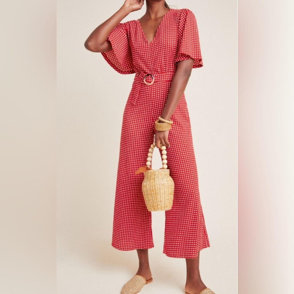 Anthropologie Red and White Wide Leg Jumpsuit